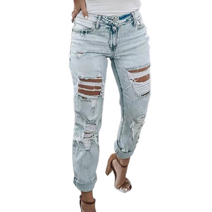 Blau Damenmode Slim-Fit Ripped Jeans für den Großhandel auf Faire5