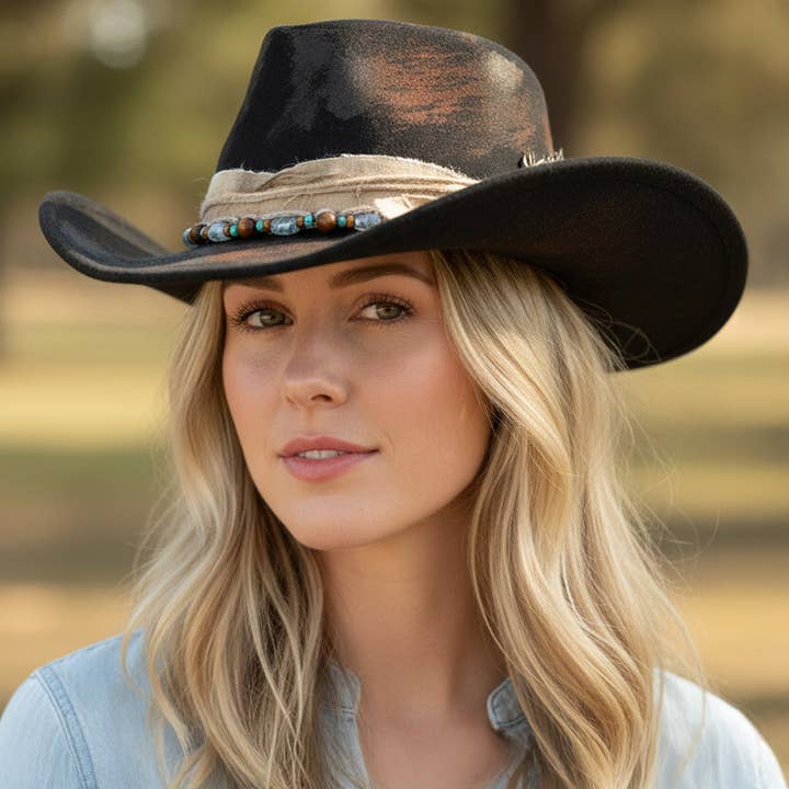 Sensibling Corp. - Wholesale Cowboy Hat – Women’s - Bow Feather Accent Beaded Band Rustic Vintage Distressed Western Cowgirl Fedora Hat