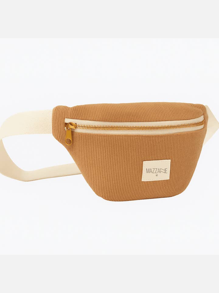Kamelfärgad midjeväska för barn i ribbad manchester med justerbar rem för wholesale av MAZZANNE