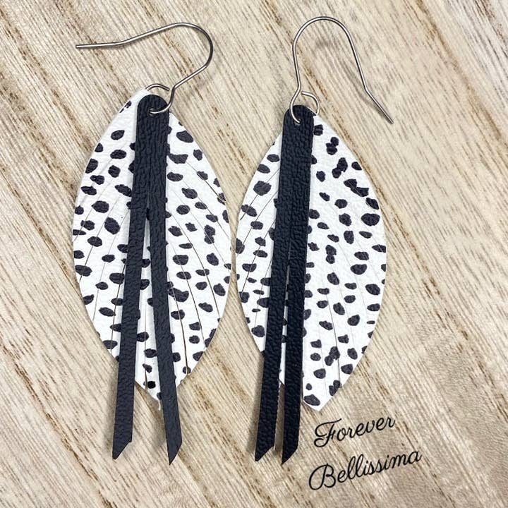 Feather Fringe Earrings | Dalmatian Spots | Faux Leather for wholesale by Forever Bellissima