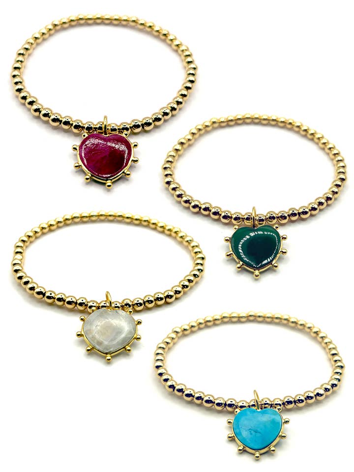 Real Gemstone Cute Heart Stretchy Bracelet in 18k Gold Beads for wholesale by Kaylie Dawn Jewelry
