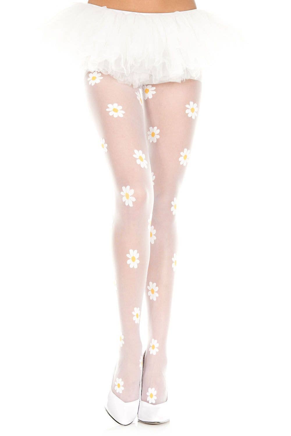 White Yellow Music Legs Flower Design Sheer Spandex Pantyhose ML7044 for wholesale on Faire