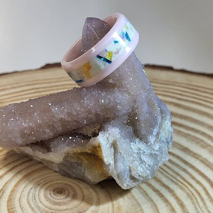 Pink Ceramic Ring with Marigold, Peach, and Cyan Opal for wholesale by Natural Evolution Design