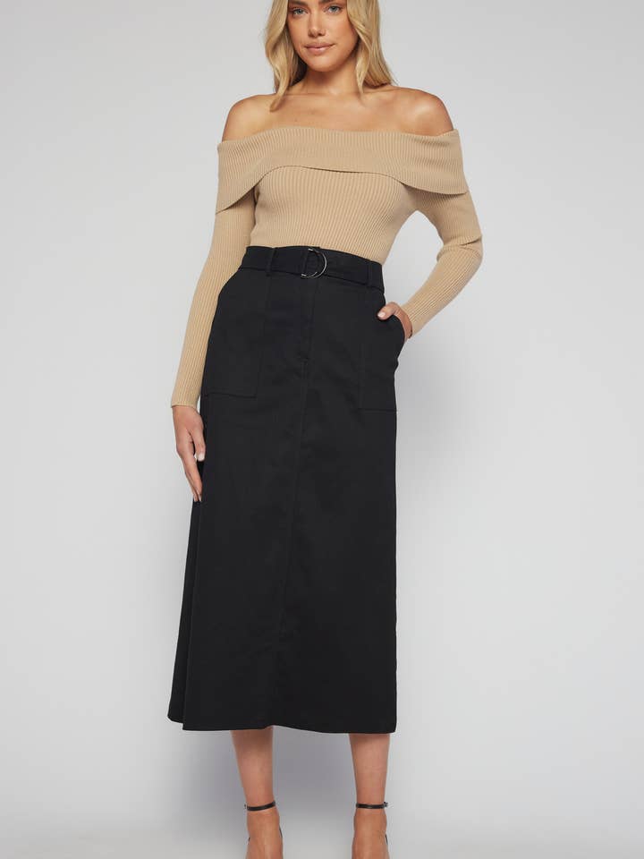 Falda larga de algodón con cinturón de anilla en D y bolsillos para venta al por mayor de Style State Wholesale