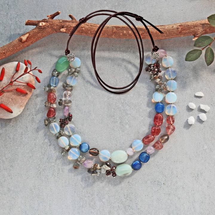 Double Strand Genuine Stones Necklace On Leather for wholesale by IST Jewelry