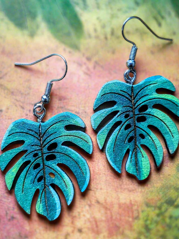 Hand-Painted Monstera Earrings for wholesale by VibeHigh