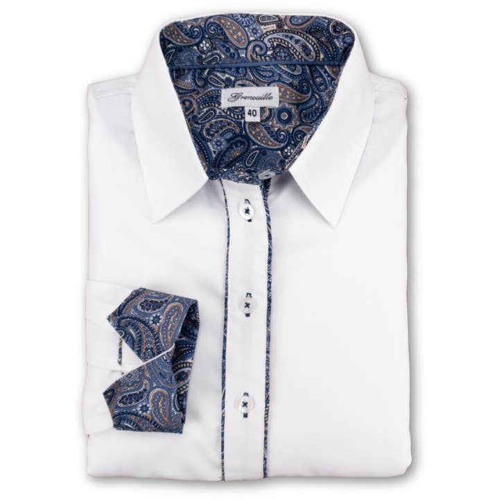 Grenouille Weißes Hemd mit blauen und beigen Paisley-Akzenten für den Großhandel von Salamander Shirts Ltd