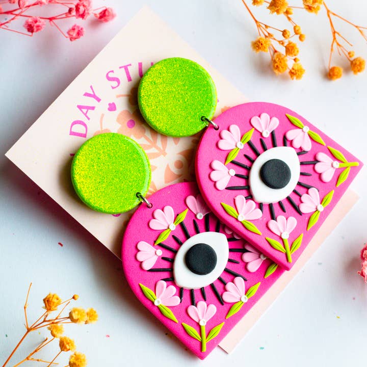 Slow Day Studios – wholesale Dangle earrings – Hot Pink Evil Eye Polymer Clay Statement Glitter Dangle