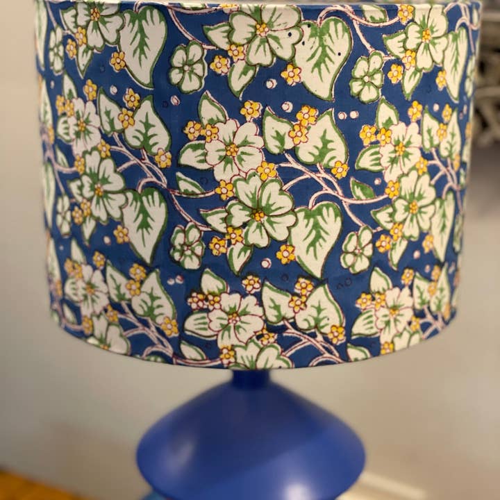 Olive and Limpet - Wholesale Lamp Shade - 10 inch Drum Lampshade. Indian Hand Block Print. Cobalt, Banana Yellow, and Ivory Floral.