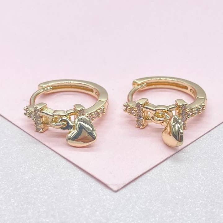18k Goud Gevuld CZ Schakelontwerp Huggie met Hartbedel voor wholesale door Milie