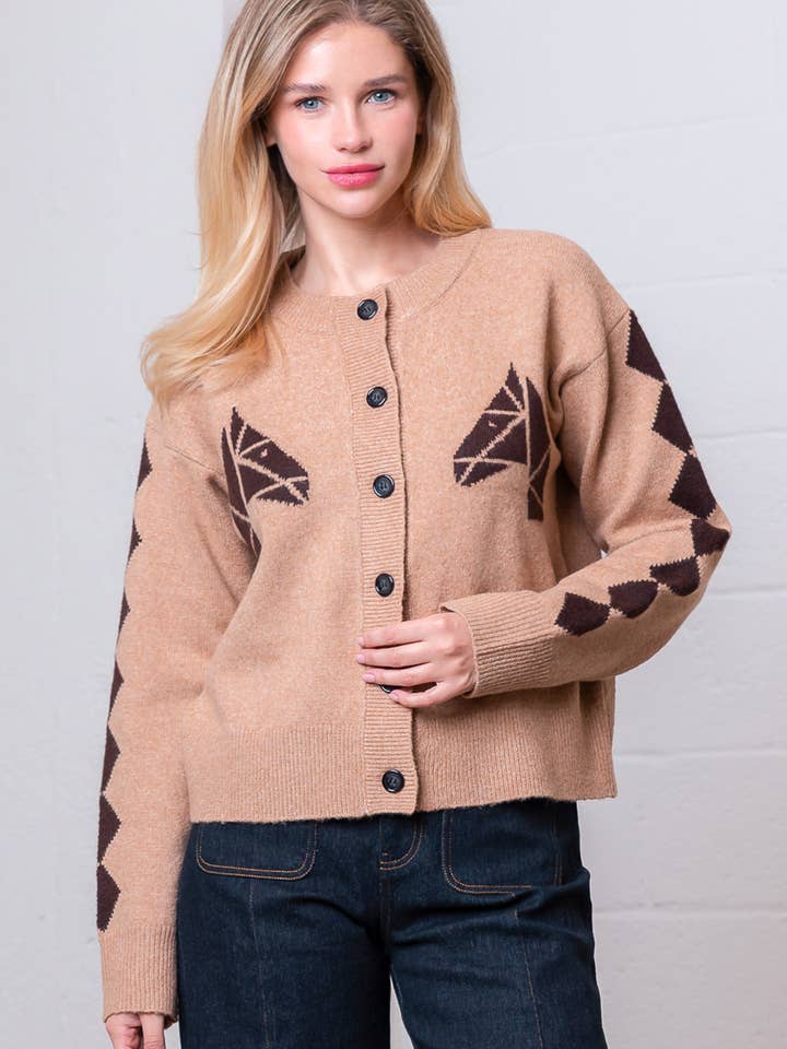 HWJ65164T-L/S CREW NECK BUTTON DOWN HORSE SWEATER CARDIGAN for wholesale by Taelynn