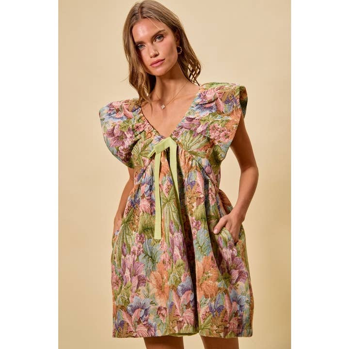 Jacquard Woven Floral Print Ribbon Tie Mini Dress for wholesale by IVE