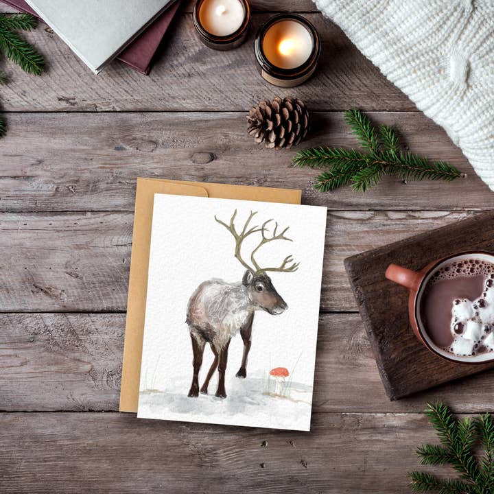 Carte de Noël nordique en forme de renne et de champignons, 4 x 5 pouces pour la vente par Hudson Illustration Co - About Town Co