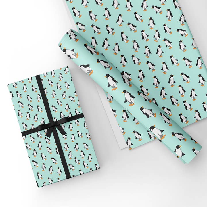Penguins Gift Wrapping Paper & Matching Tag-Blue for wholesale by Handmade Gift Company