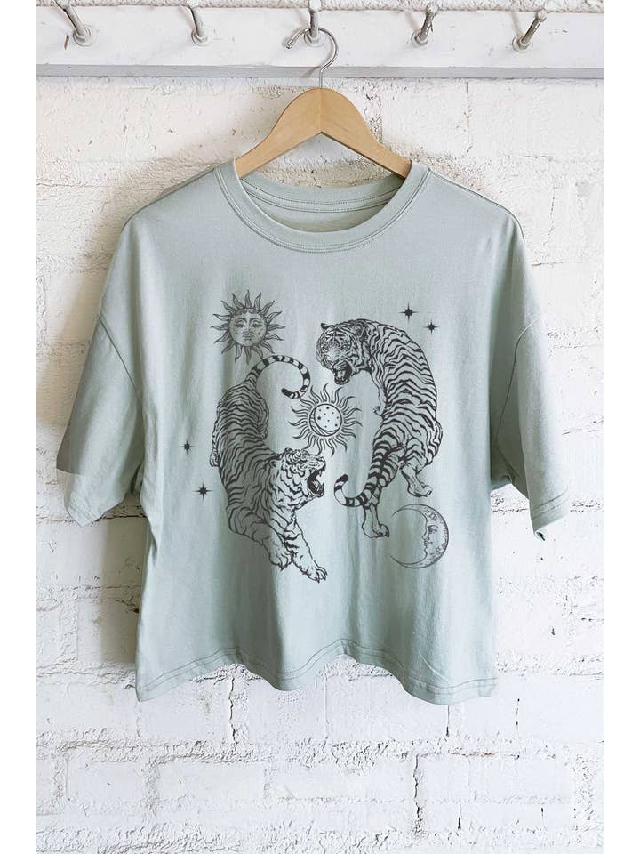 Rustee Clothing - Wholesale Screen Printed T-Shirt - Women's - SUN AND MOON TIGER GRAPHIC LONG CROP TOP