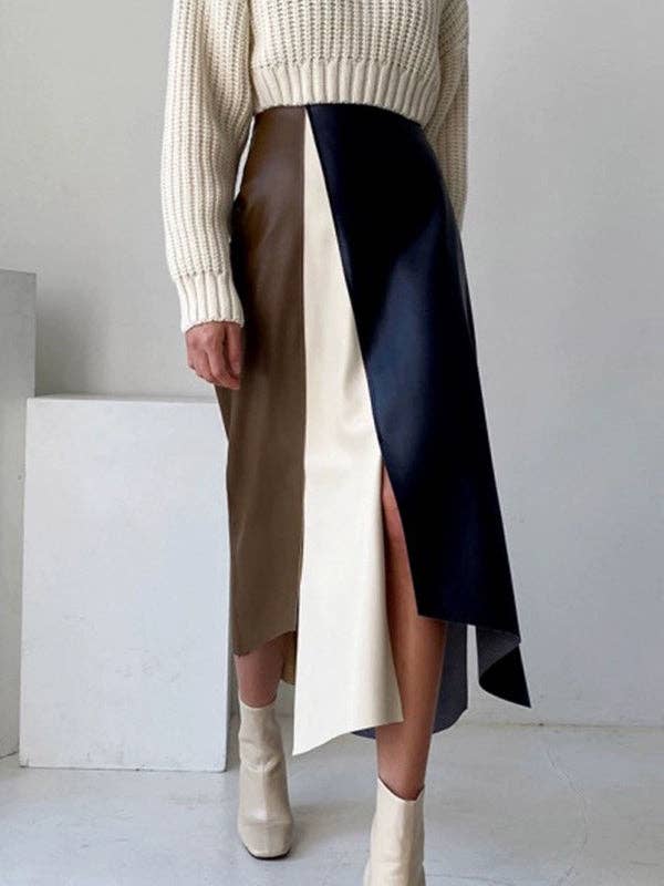 COLORFUL A-Line High Waisted Asymmetric Contrast Color Split-Front Skirts Bottoms for wholesale on Faire1