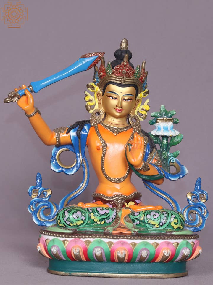 9 ”Färgglad Manjushri kopparstaty | Buddha av oändlig visdom för wholesale av Exotic India Art