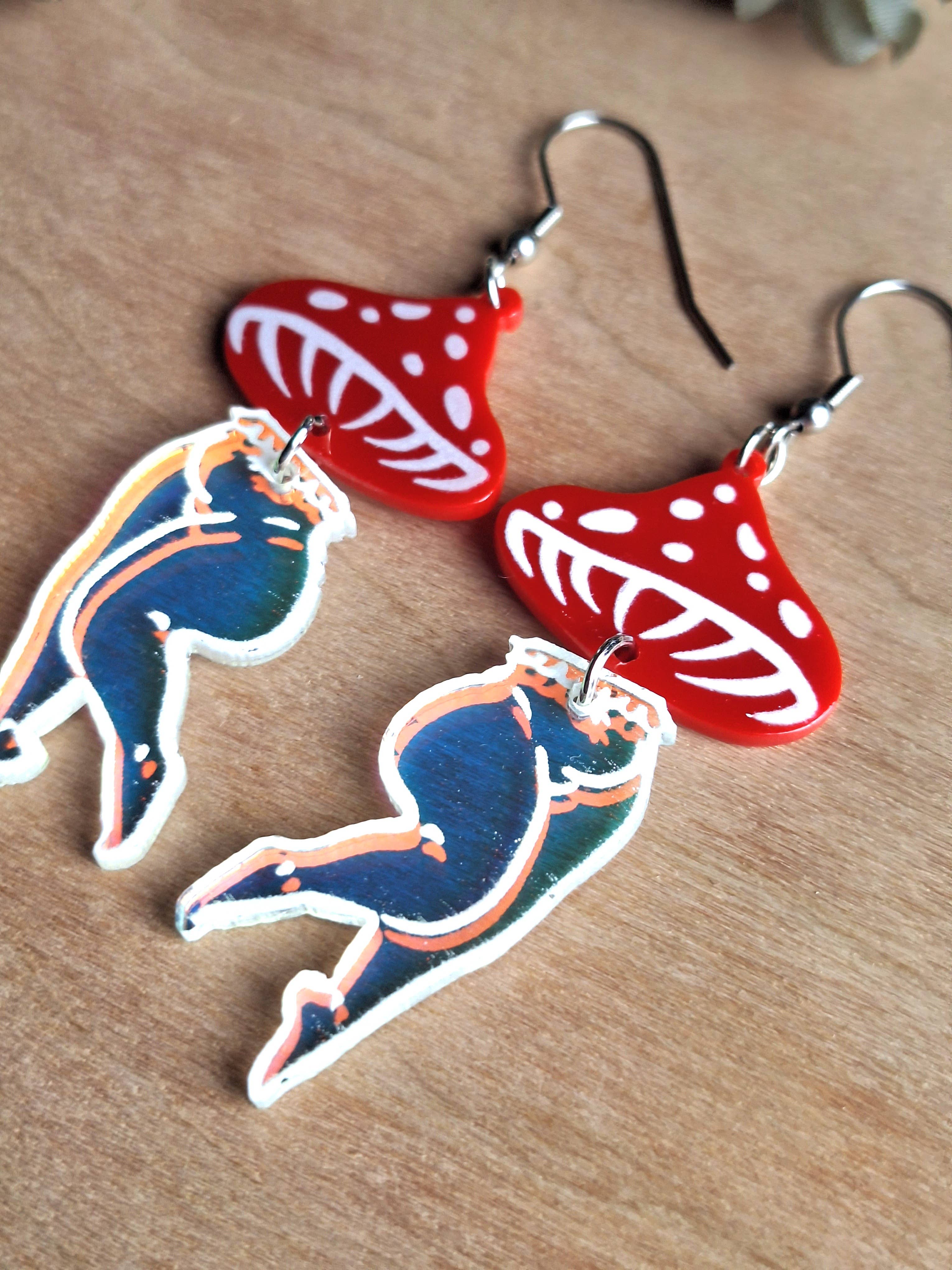 Jedi Woods LLC - Wholesale Dangle Earrings - Mushroom Lady Earrings with Red and Irredescent Acrylic6