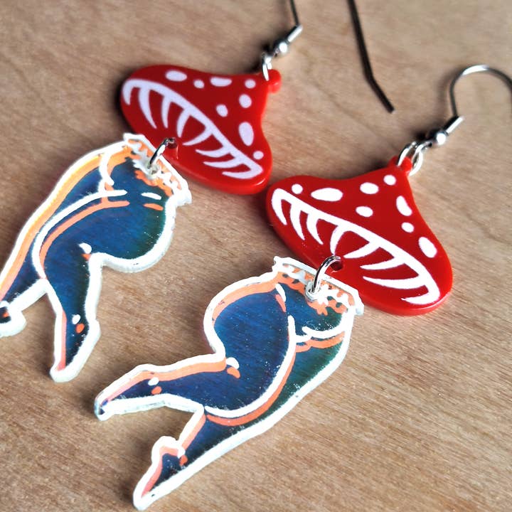 Jedi Woods LLC - Wholesale Dangle Earrings - Mushroom Lady Earrings with Red and Irredescent Acrylic6