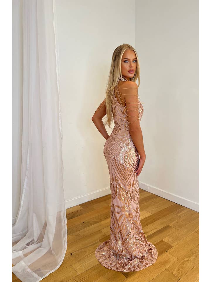 Nazz Collection Clothing Ltd - Wholesale Gown – Women's - Starstruck Gold High Neck Luxe Beaded Shoulder Sequin Maxi1