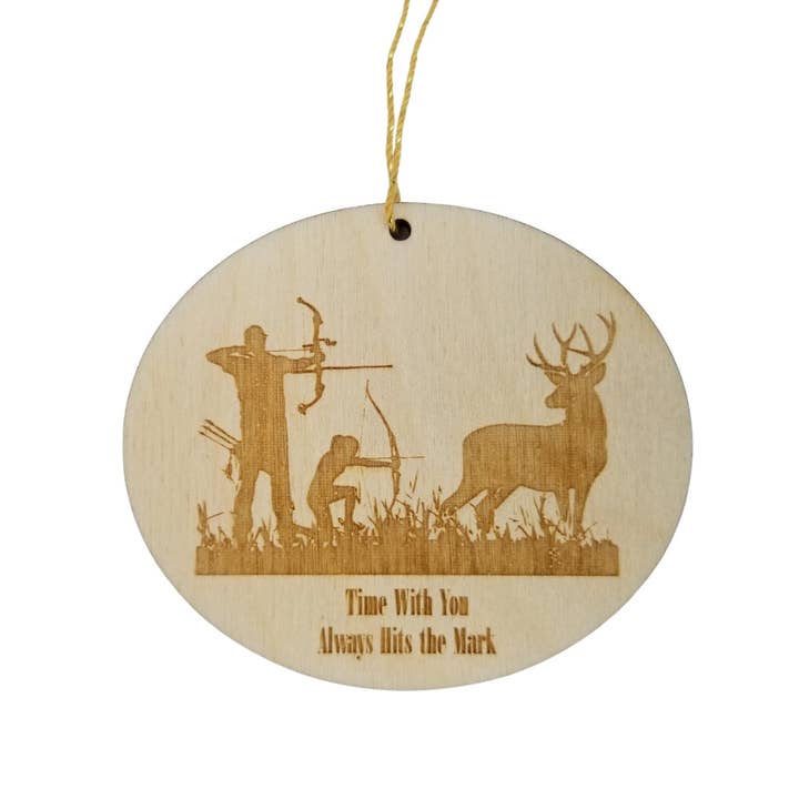 Father Daughter Bow Hunting Ornament - Time with You Always Hits the Mark - Handmade Wood - 15326 for wholesale by Happy Wood Products