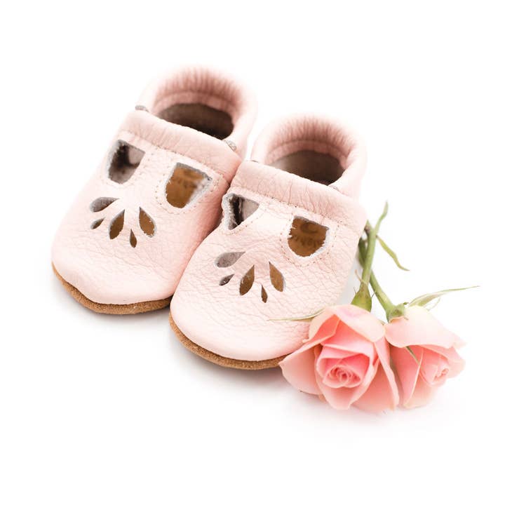 Rose Blush Lotus T-Strap Infant Baby Shoes & Moccasins for wholesale by Starry Knight Design