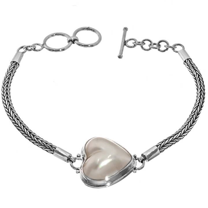 925 zilveren witte oceaanparel hart mabe parel sterling ketting armband, 7,5-8" voor wholesale door FifiRose