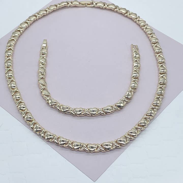 Milie Jewels - Wholesale Jewelry Set - 18k Gold Filled Heart Shape XOXO Set of Bracelet and Necklace Available in Gold,