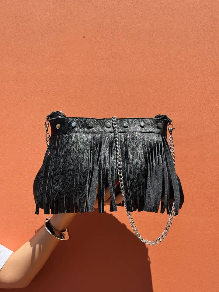 Black Fringe Leather Crossbody – Boho Chic Shoulder Bag for wholesale by Christina Christi