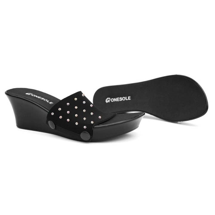 Chaussures compensées noires Elegance avec dessus en cristal Decadent pour la vente par Onesole