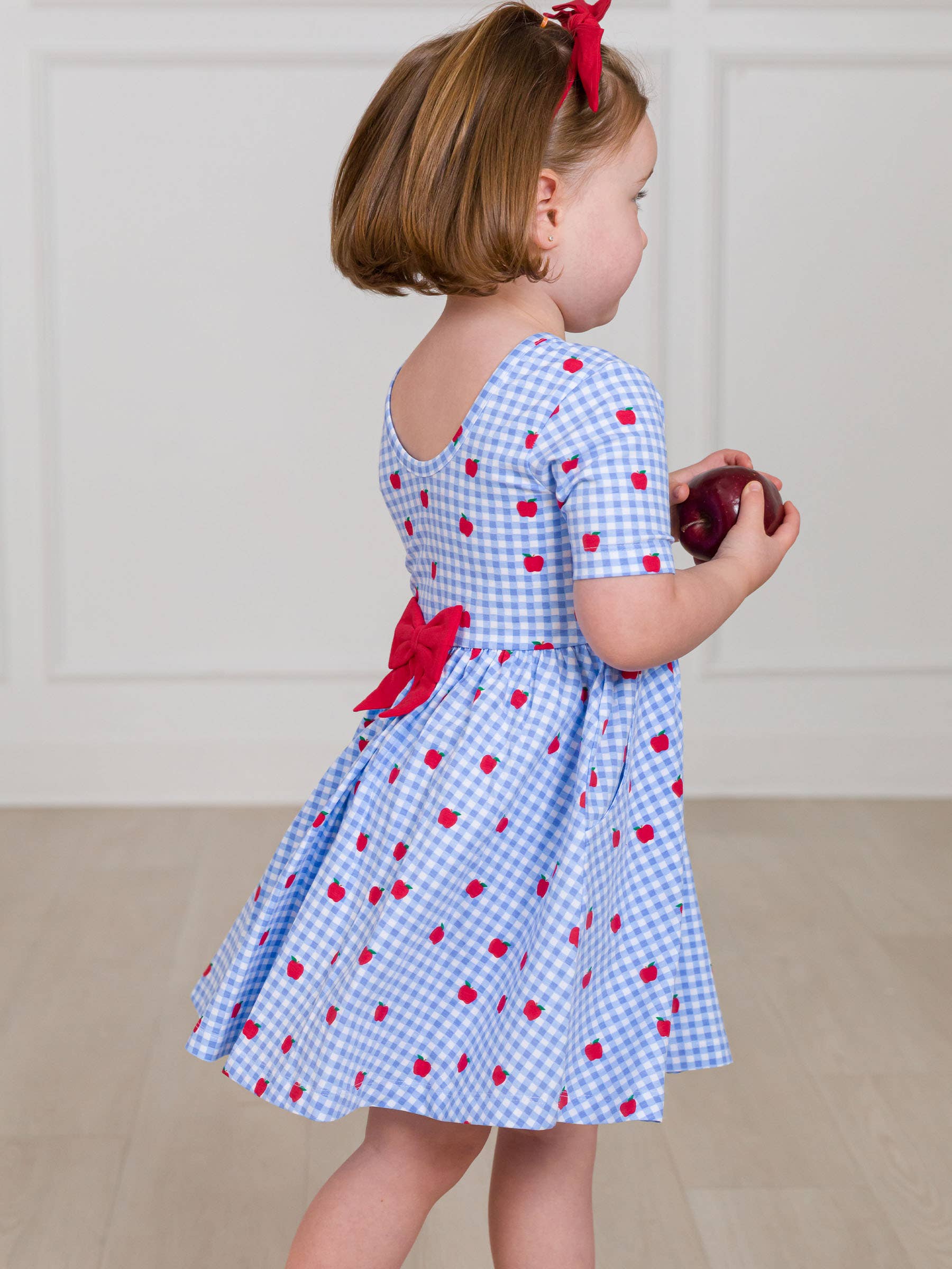 Blue Girls Apple Orchard Gingham Short Sleeve Knit Twirl Dress for wholesale on Faire3
