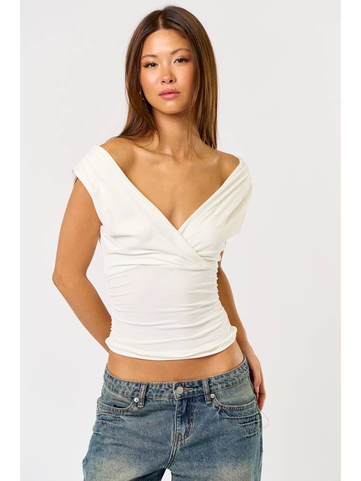 Blue Blush - Wholesale Blouse - Women's - BT25836 V-Neck Ruching Top : Can Be Worn Two Ways