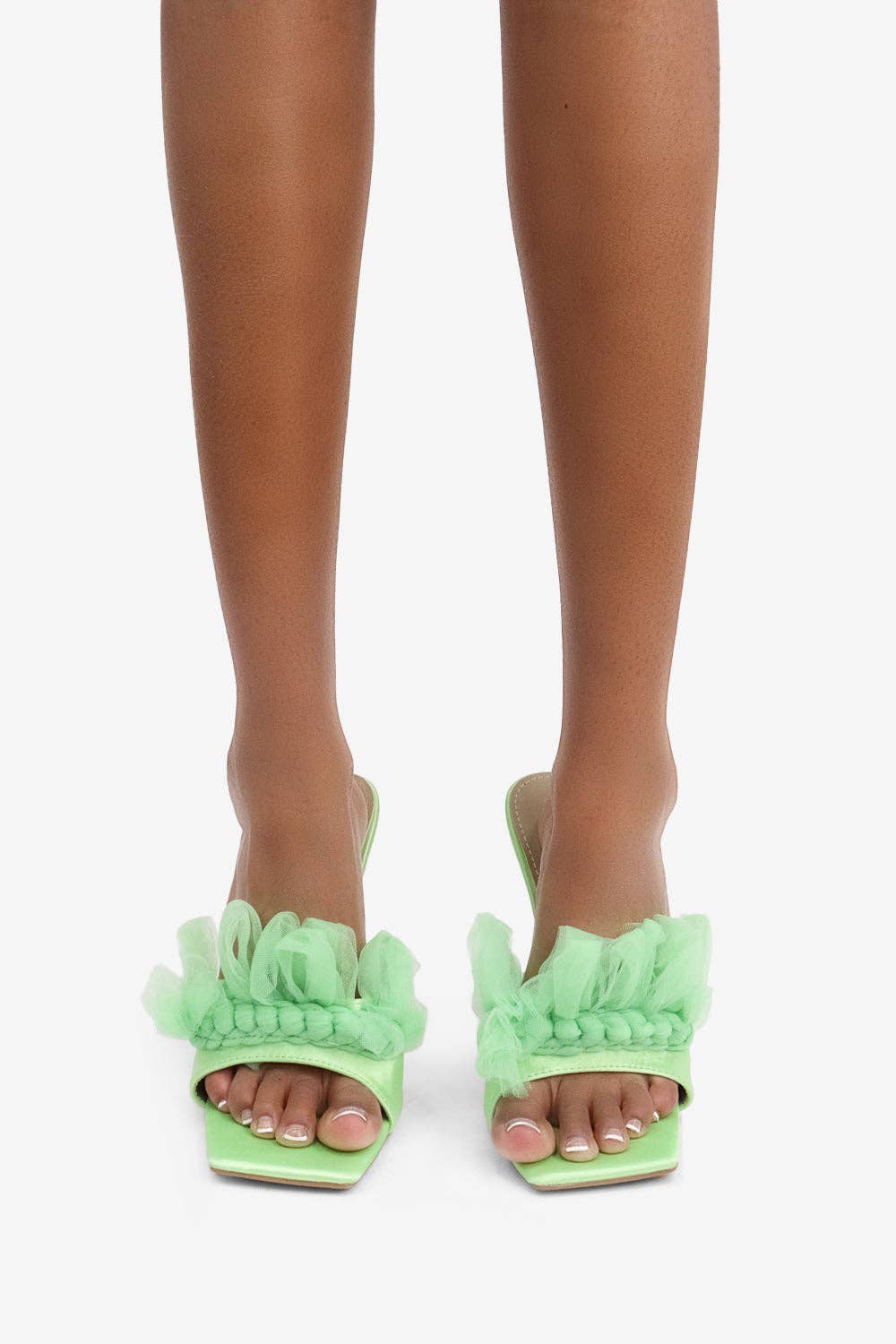 Lemonade Shoes - Wholesale High Heels - Women's - MADE YOU LOOK - Satin Ruffle Square Toe Heel, Clear Stiletto12