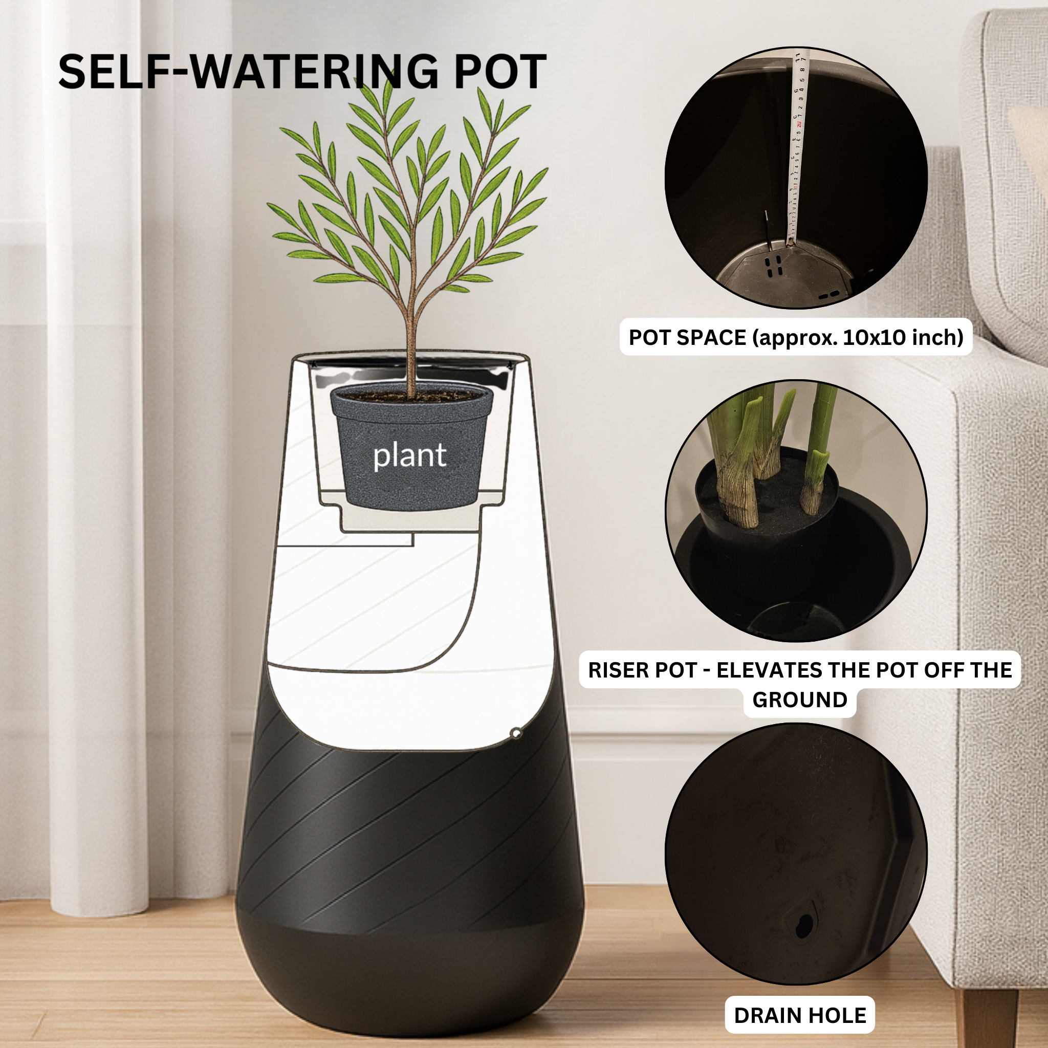 Sona Casa - Wholesale Plant Pot - Contemporary Decorative Self Watering Pot, Modern Tall Indoor Planter, 33 in Home, Office, Garden Decoration, Gift3