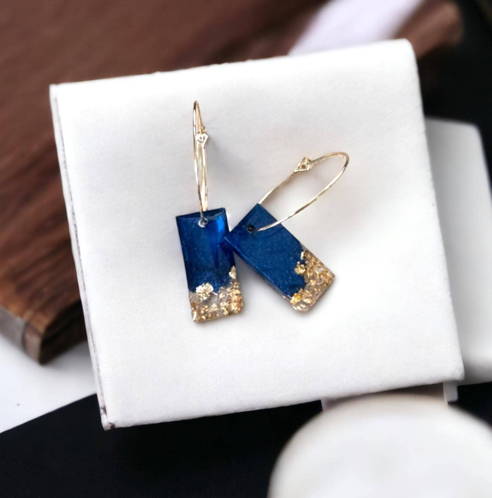 Fish Towne Designs, LLC - Wholesale Dangle Earrings - Navy Blue and Gold Leaf Resin Bar Earrings Handmade