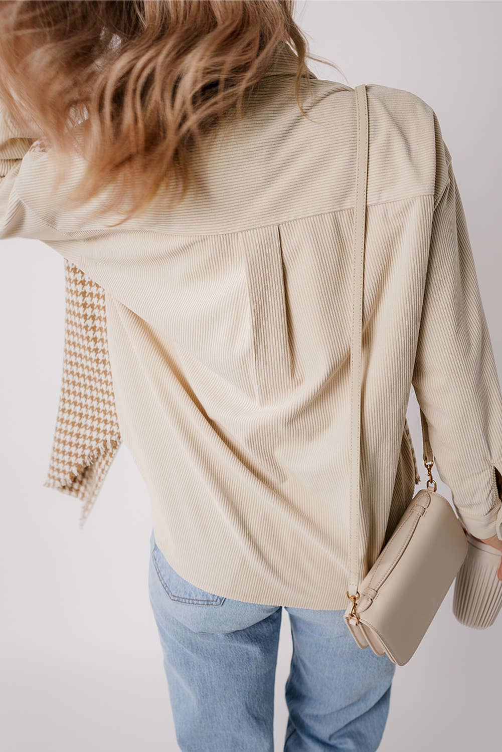 Babs + Birdie - Wholesale Shirt Jacket/Shacket - Women's - Vivi | Houndstooth Corduroy Patchwork Flap Pocket Shacket9