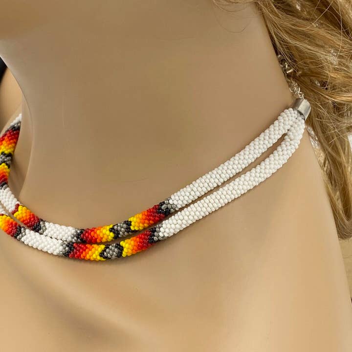 BEADS CORNER - Wholesale Woven Necklace - Native American Style Beaded Double Strand Rope Necklace - White Fire3