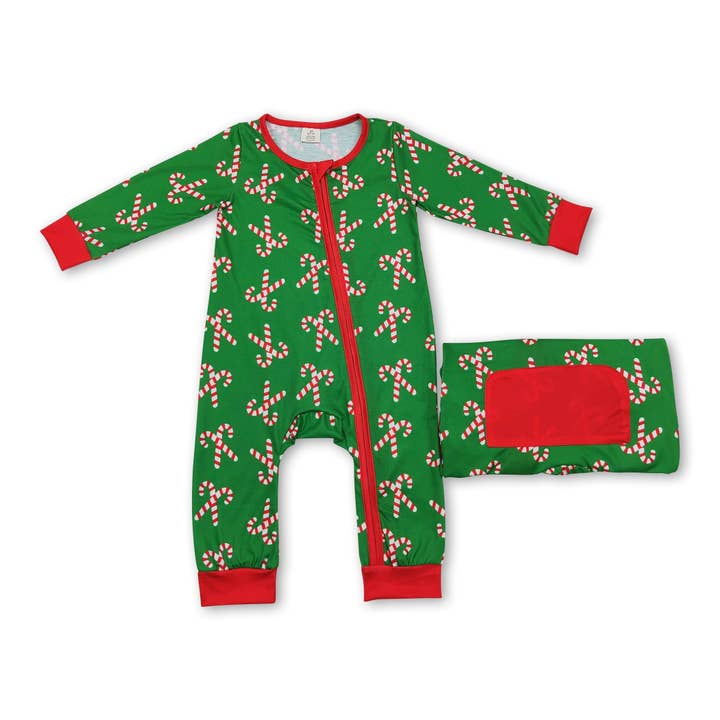 Green candy cane baby boys Christmas bamboo zipper romper for wholesale by Yawoo Garments