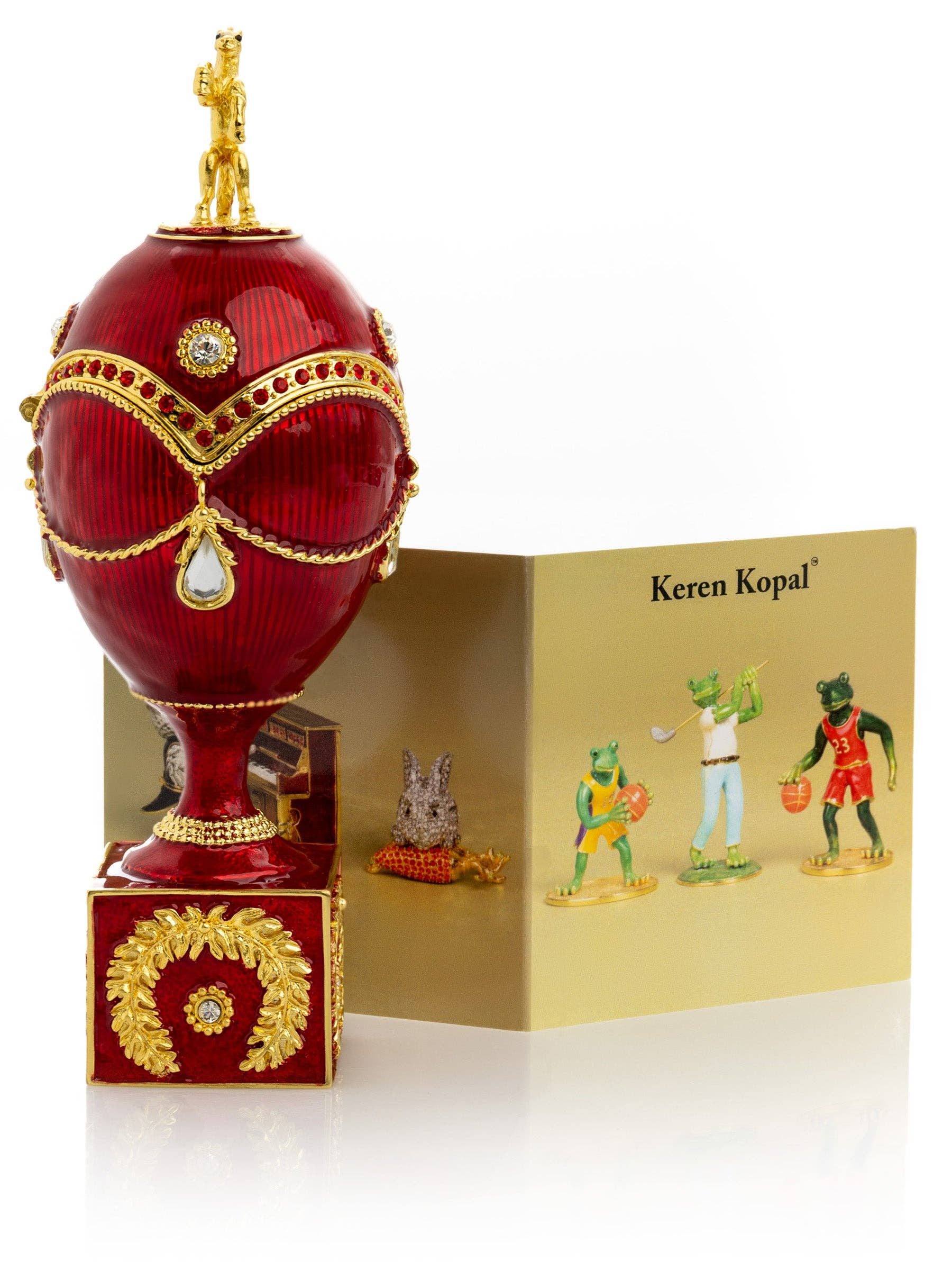 Keren Kopal – wholesale Prydnadslåda – Rött Fabergé-ägg med guldfärgad häst12