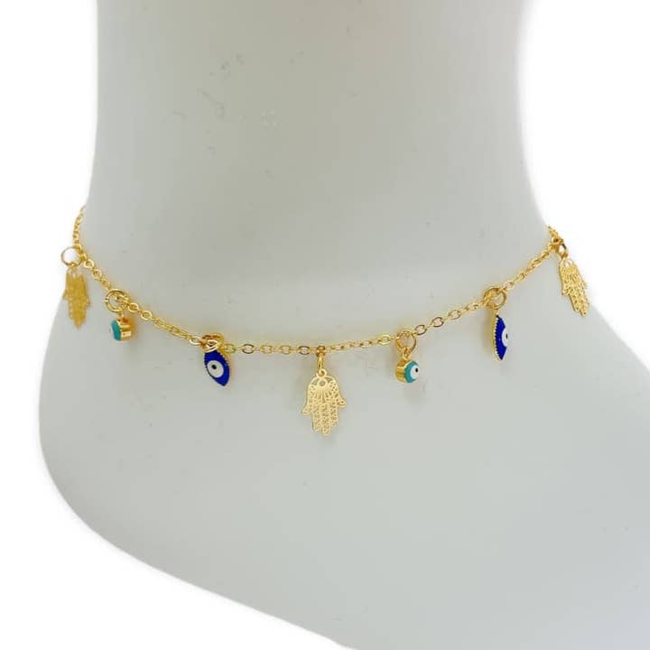 Filigraan Hamsa-handen met blauw en turkoois Evil Eye Charm enkelbandje, 18k verguld voor wholesale door Raf Rossi Gold Plated