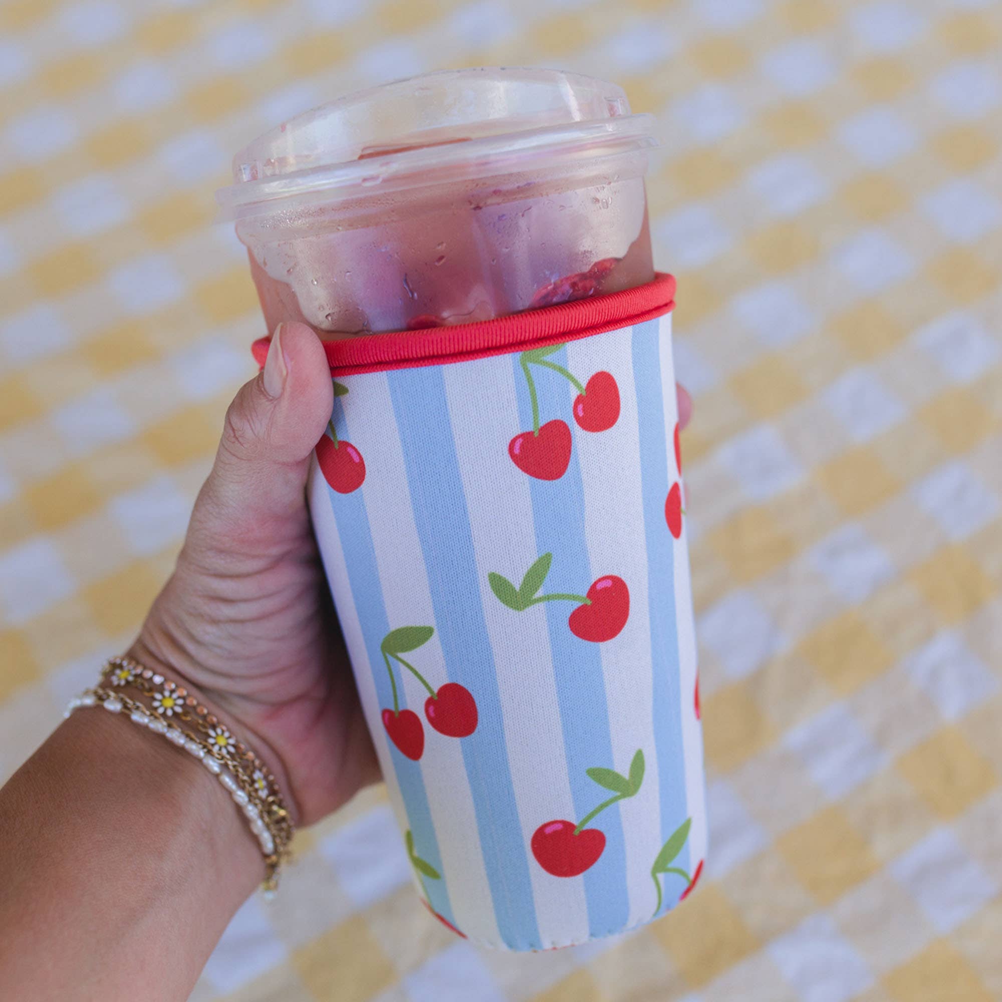 Pippi Post - Wholesale Drink Huggers & Koozies - Cherry Striped Drink Sleeve2