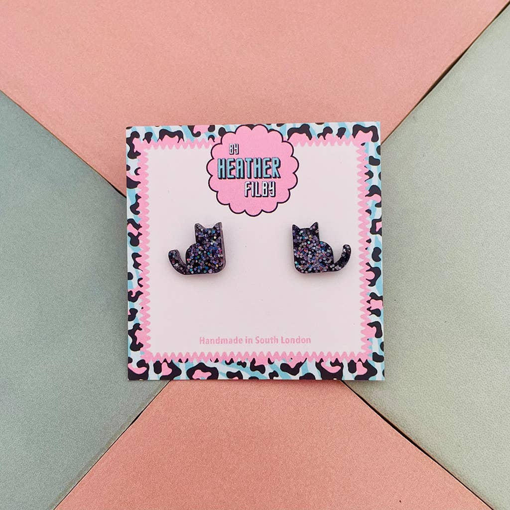 By Heather Filby – wholesale Stud/post earrings – Black Cat Glitter Stud Earrings - Best Seller