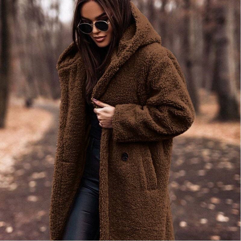 FurDecoration - Vente Manteau en fourrure/fausse fourrure – femme - Manteau long à capuche en peluche uni tendance10
