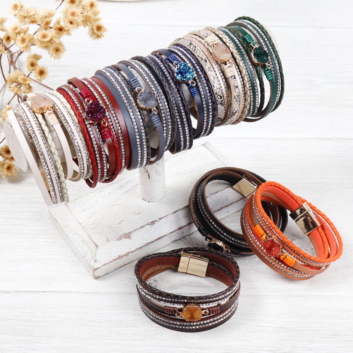 MYS Wholesale Inc - Wholesale Bangle Bracelet - Stunning Druzy Rhinestone Leather Wrap Magnetic Bracelet14