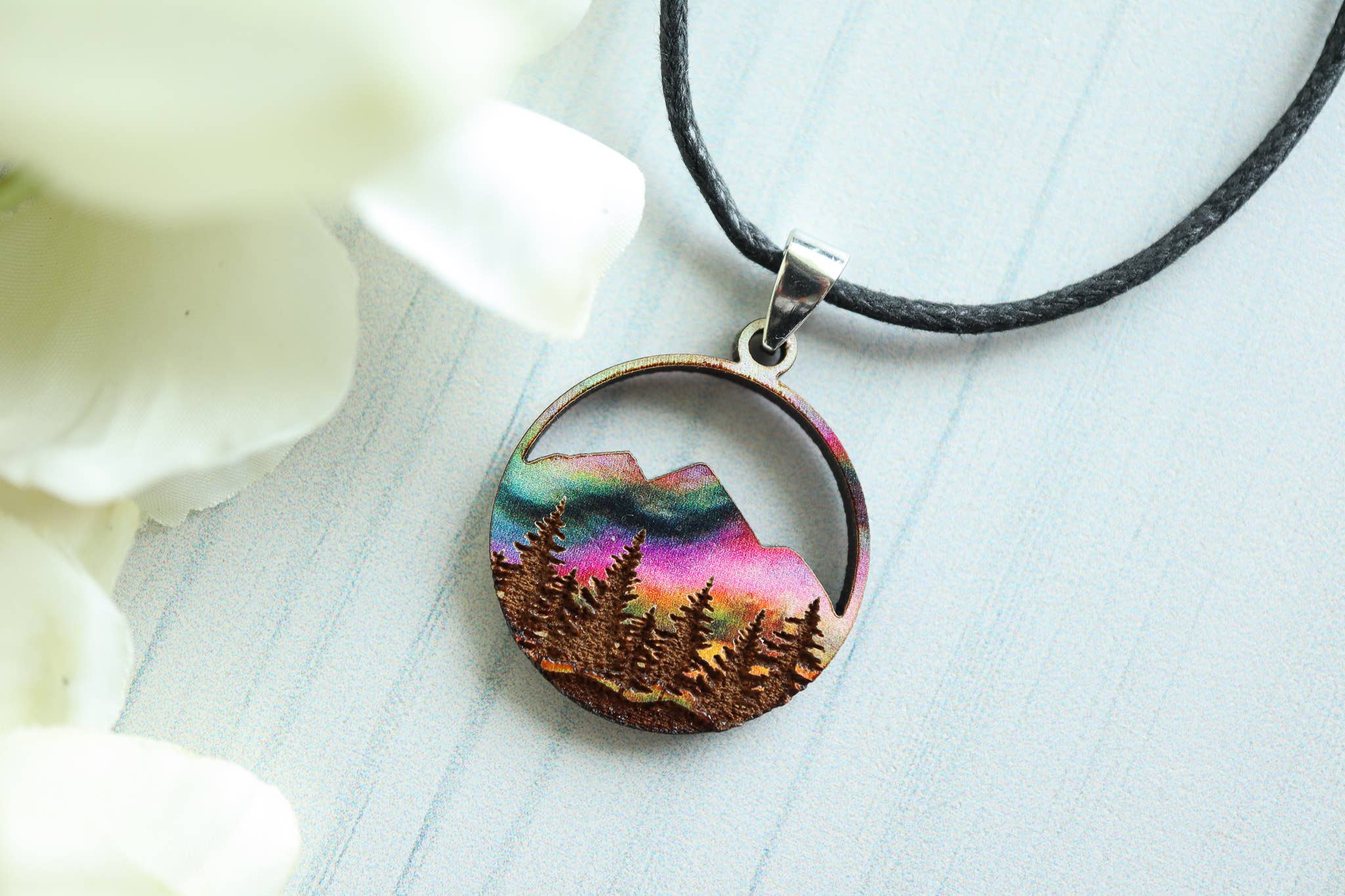 Nine Mile Creative - Wholesale Pendant/Charm Necklace - Aurora Mountains Wood Pendant Adjustable Necklace7