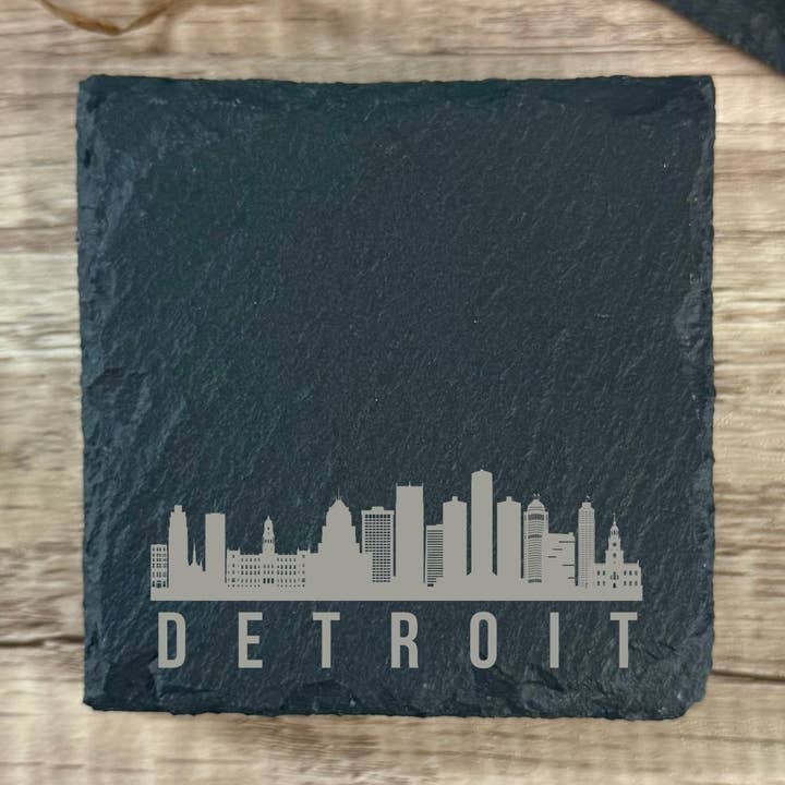 Sottobicchieri in ardesia con skyline di Detroit Quadrati Rotondi in Pietra Bar MI per la vendita all'ingrosso da parte di Mermaid of Hilton Head