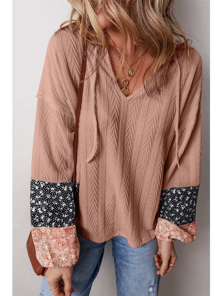 Little Daisy Closet - Wholesale Knit Top - Women's - LDC Floral Patchwork Textured Knit Drawstring V Neck Blouse