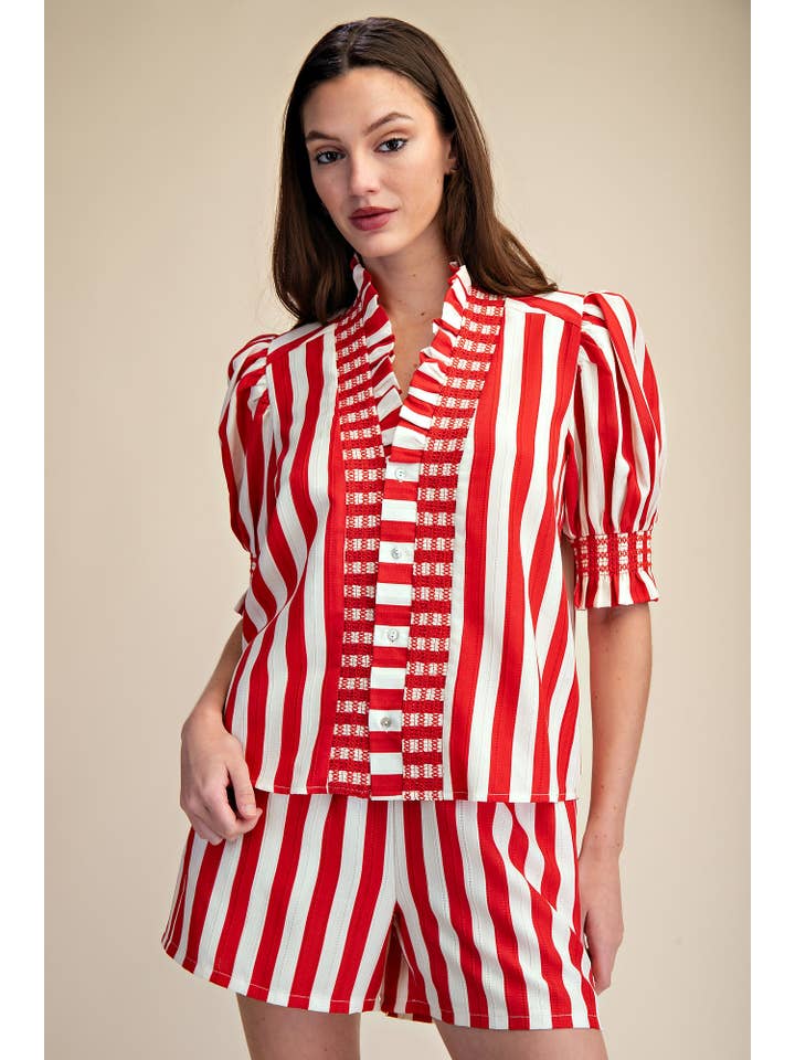 Glam - Wholesale Blouse - Women's - Ruffle V-Neck Smocked Puff Sleeve Blouse1