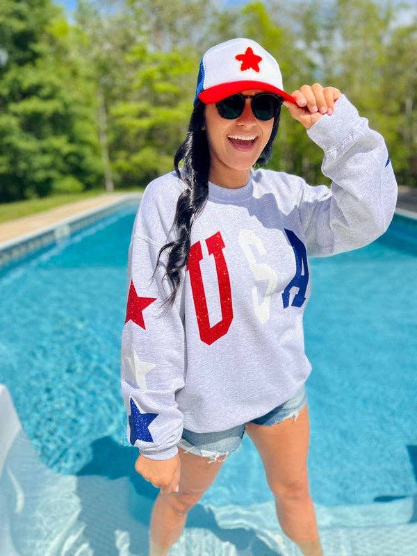 Dash Forward Wholesale - Wholesale Graphic Sweatshirt - Women's - USA Glitter Sweatshirt With Star Sleeve Details2