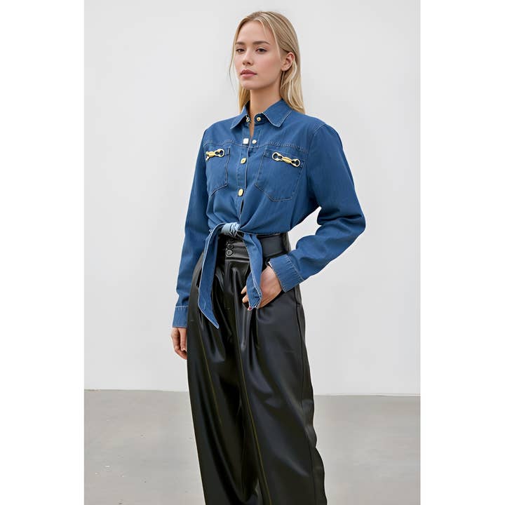 X0111LT Denim Tie-Front Shirt with Gold Hardware for wholesale by XHHH Inc